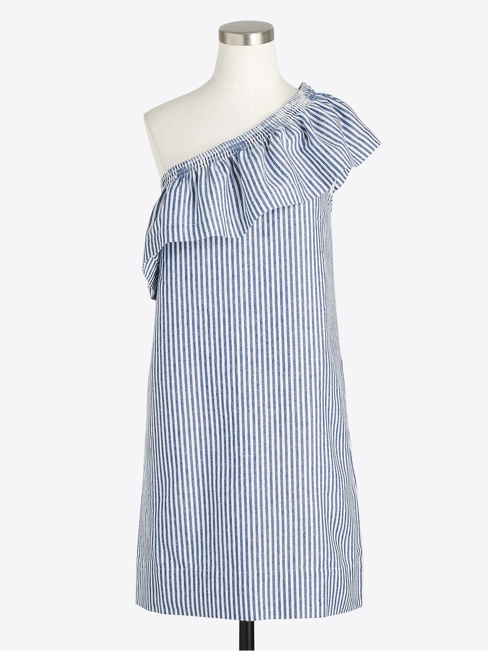 J. Crew One-Shoulder Ruffle Stripe Dress Pockets - Blue/White, Size 12 NWT